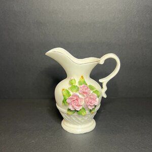 Vintage Georgian GG White Fine Bone China 3D Pink Rose Floral Mini Pitcher Vase